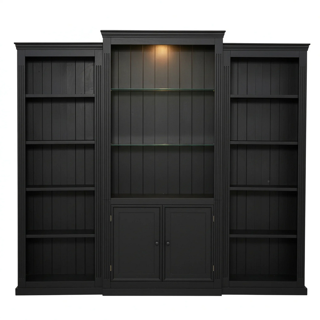 78.75'' Tall 3-Pieces Bookcase, Display Cabinet with 5 Colors Adjustable LED Ceiling Light, Retro style Bookshelves with tempered glass shelves for Living Room, Office, Studio or Workspace, Black - Eloy Royal