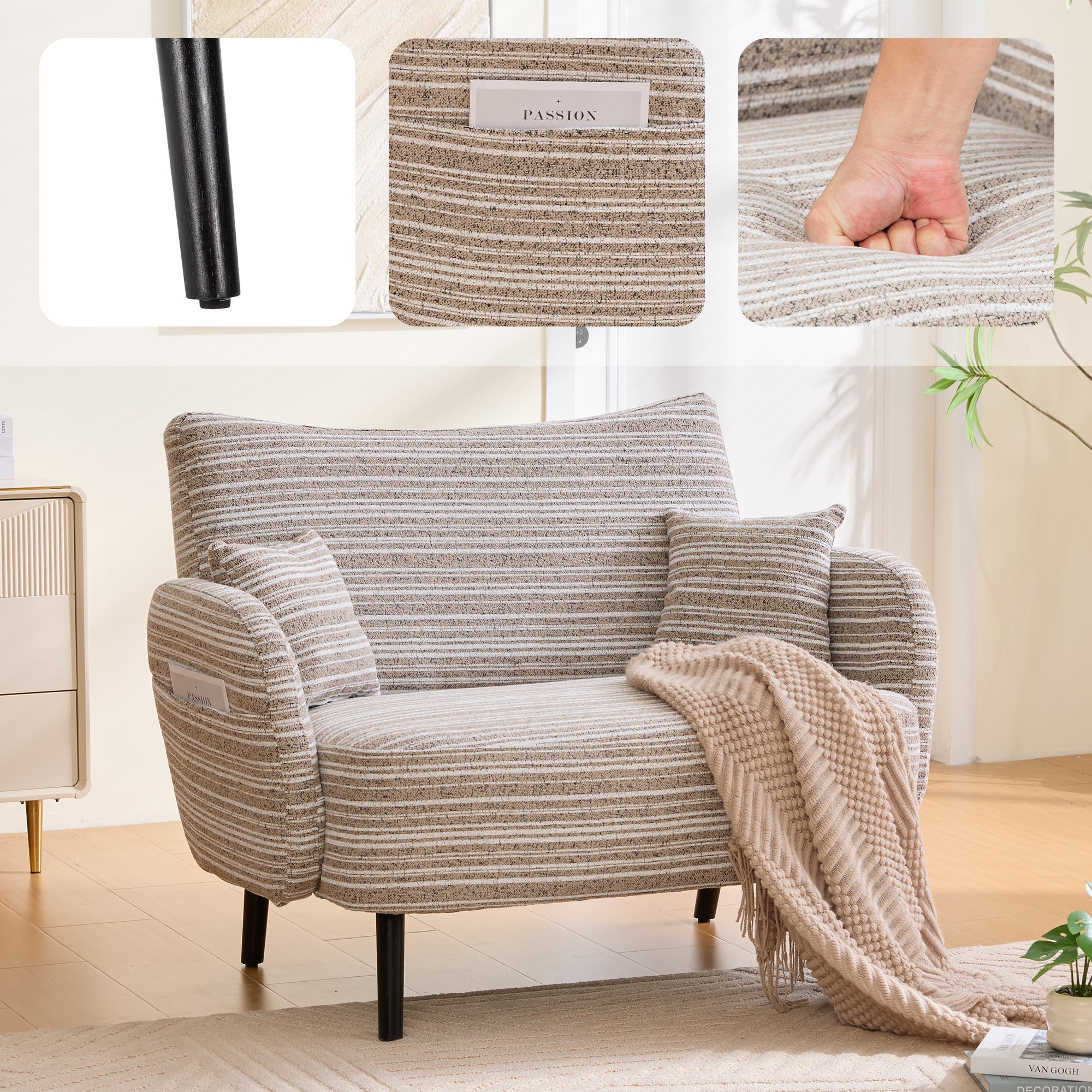 Modern style two-seater sofa with ultra-comfortable armrests, armrest pillows, and storage pockets, deep-seated two-seater sofa, comfortable modern sofa for bedroom, small spaces, apartments, and offi