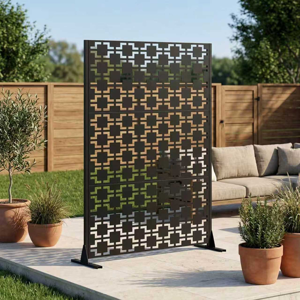 Metal Privacy Screen for Outdoor Freestanding, 72' H x 46' W Decorative Metal Fence Panels with Stable Base, Portable Divider Screens for Patio, Deck, Balcony, Backyard, Garden