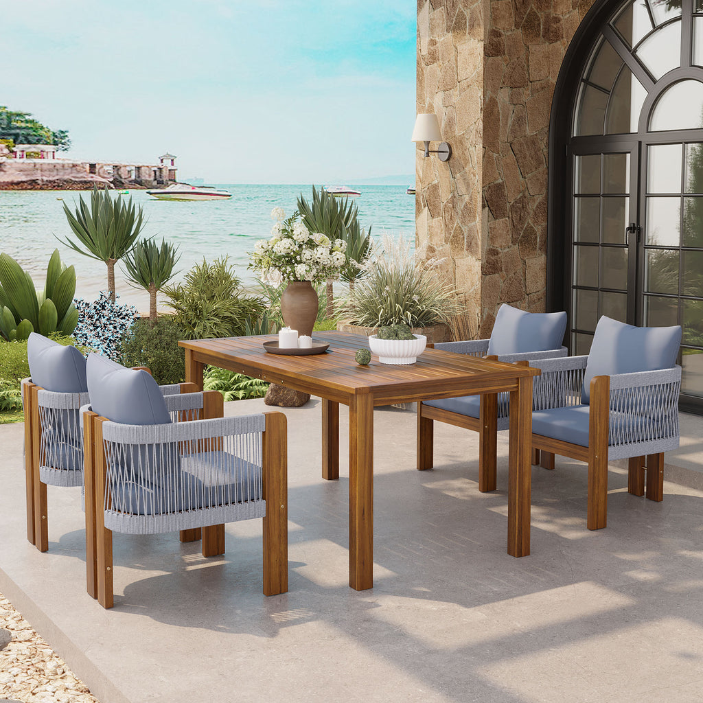 U_STYLE Luxury 5-Piece Outdoor Patio Dining Set for 4, Solid Acacia Wood Dinning Set with Rope Woven Chairs,Farmhouse Dining Furniture Set for Garden, Backyard, Poolside