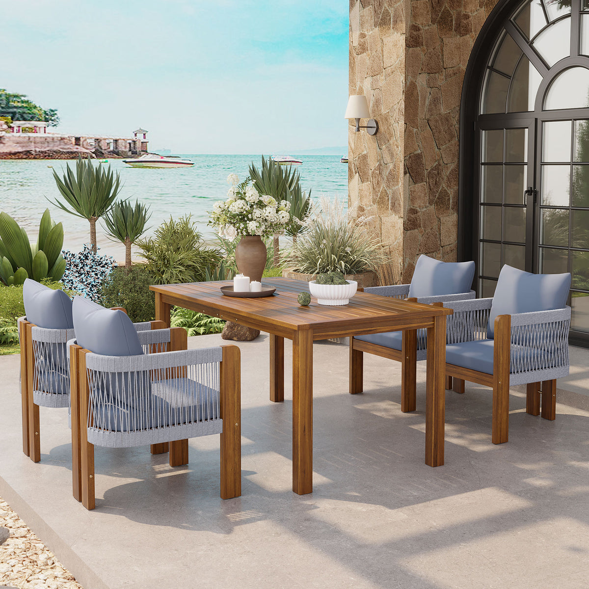 U_STYLE Luxury 5-Piece Outdoor Patio Dining Set for 4, Solid Acacia Wood Dinning Set with Rope Woven Chairs,Farmhouse Dining Furniture Set for Garden, Backyard, Poolside