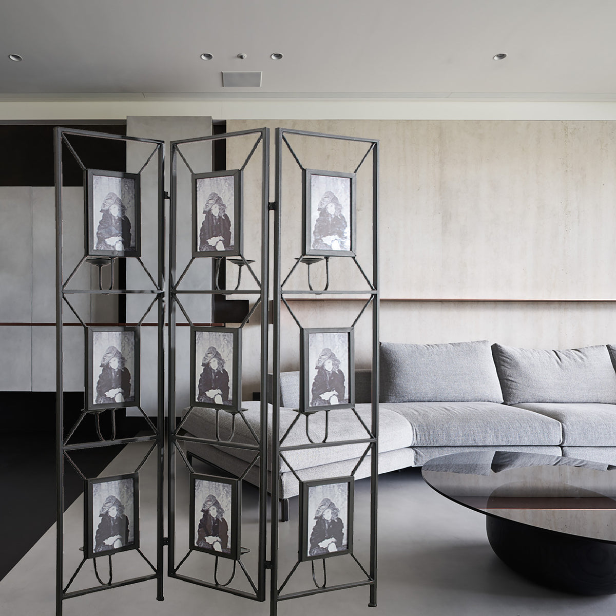47x71' Room Photo Frames Screen Divider Screens, 3 Panel Decorative Screen with Photo Frames, Antique Mirror, Candle Stick