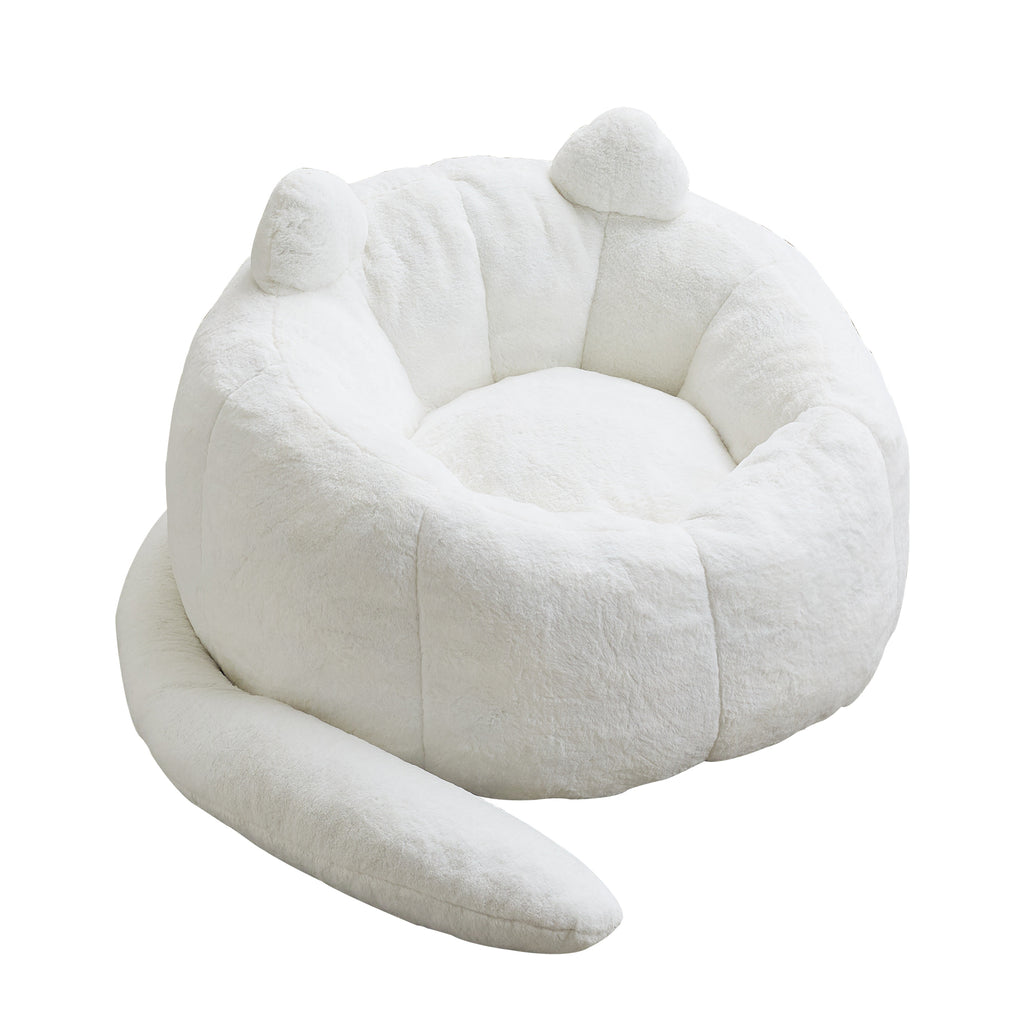 Cat-shaped Adult Bean Bag Sofa with Long Tail, White Faux Fur, Ergonomic Design for Living Room, Bedroom, Dormitory
