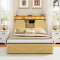 Farmhouse Full Size Bed Frame with Storage Headboard and Drawers,Charging Station & LED Lights,Natural
