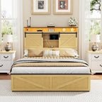 Farmhouse Full Size Bed Frame with Storage Headboard and Drawers,Charging Station & LED Lights,Natural
