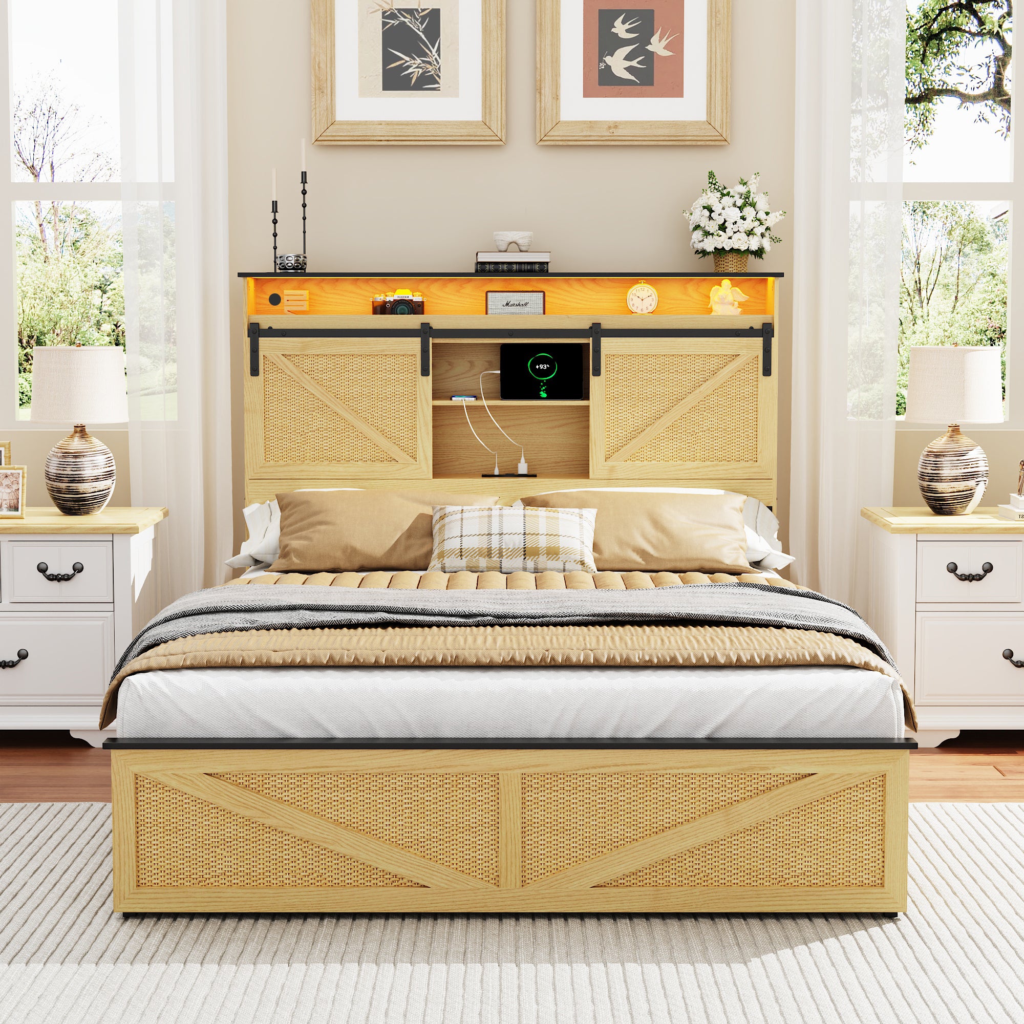Farmhouse Full Size Bed Frame with Storage Headboard and Drawers,Charging Station & LED Lights,Natural