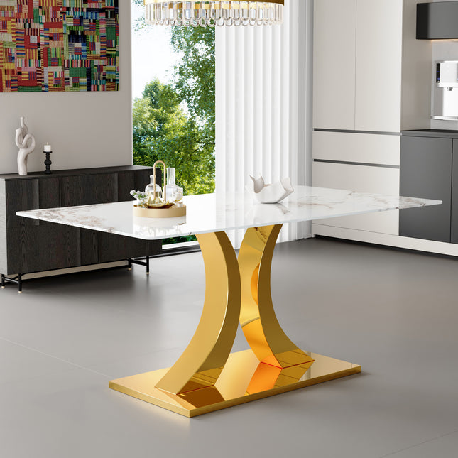 30 inch high, 63 * 35.4 inch tempered glass dining table: Double shaped metal legs, white textured tabletop, a simple and luxurious choice.