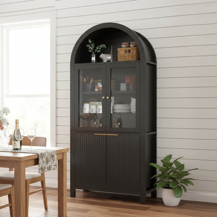 71' Fluted Tall Arched Pantry Cabinet with Adjustable Shelves, Elegant Display Storage with Hidden Drawer & Glass Door for Kitchen, Living Room, Dining Room, Black