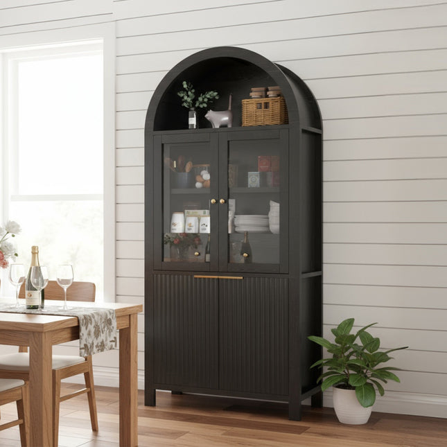 71' Fluted Tall Arched Pantry Cabinet with Adjustable Shelves, Elegant Display Storage with Hidden Drawer & Glass Door for Kitchen, Living Room, Dining Room, Black