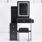 29.2' Small Size Left Bedside Cabinet Vanity Table + Cushioned Stool, 2 AC+2 USB Power Station, Hair dryer bracket, Extra Large Touch Control Sliding LED Mirror, Tri-color Switching, Brightness Adjust - Eloy Royal