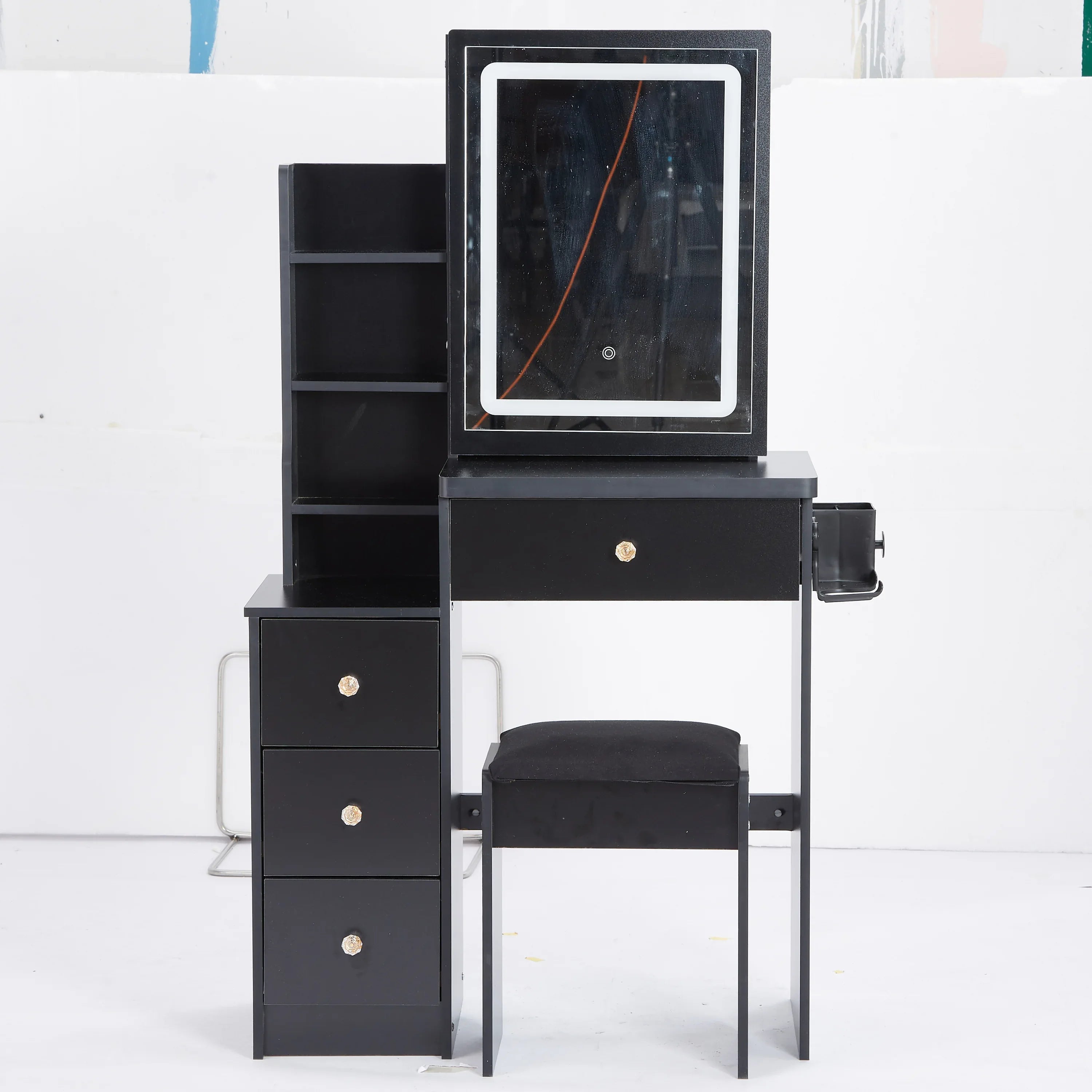 29.2' Small Size Left Bedside Cabinet Vanity Table + Cushioned Stool, 2 AC+2 USB Power Station, Hair dryer bracket, Extra Large Touch Control Sliding LED Mirror, Tri-color Switching, Brightness Adjust - Eloy Royal