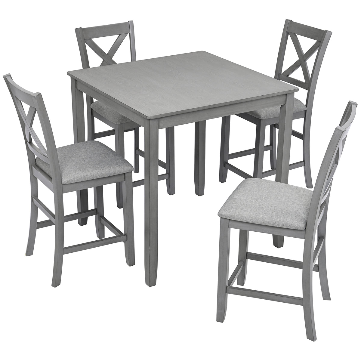 5 Piece Dining Table Set, Wooden Dining Square Table Set for 4, Counter Height Kitchen Table Set with Square Table and 4 Upholstered Chairs for Small Space, Gray