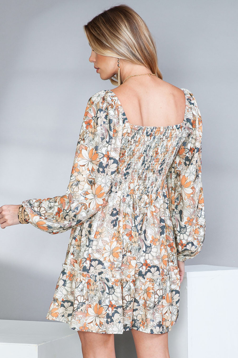 Floral Print Boho Ruched Sweetheart Neck Frilled Dress - Eloy Royal