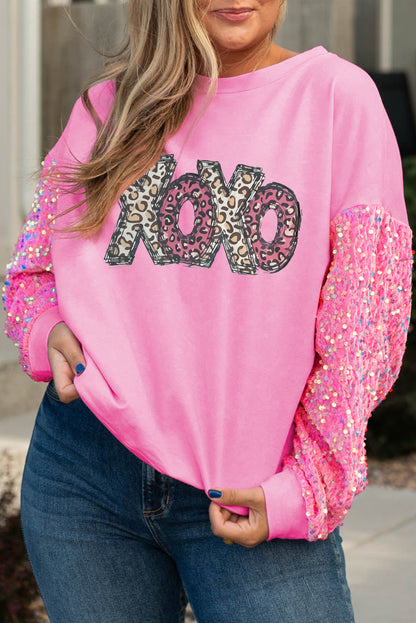 Wholesale Pink Leopard XOXO Graphic Sequined Sleeve Plus Sweatshirt - Eloy Royal