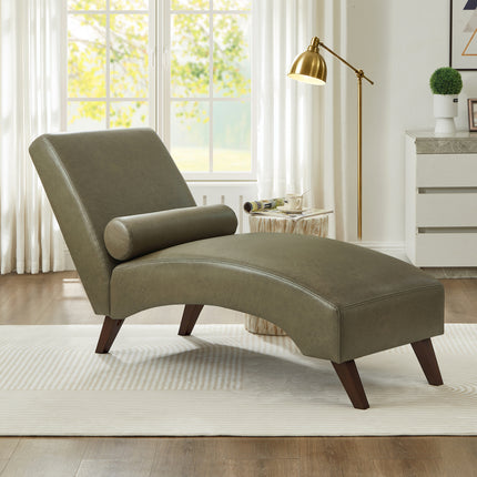 Chaise Lounge Chair with Bolster Pillow, Upholstered in Premium Tech Fabric – Mid-Century Modern Curved Lounger for Living Room, Bedroom & Reading Nook, 400 lbs Capacity,  Olive Green