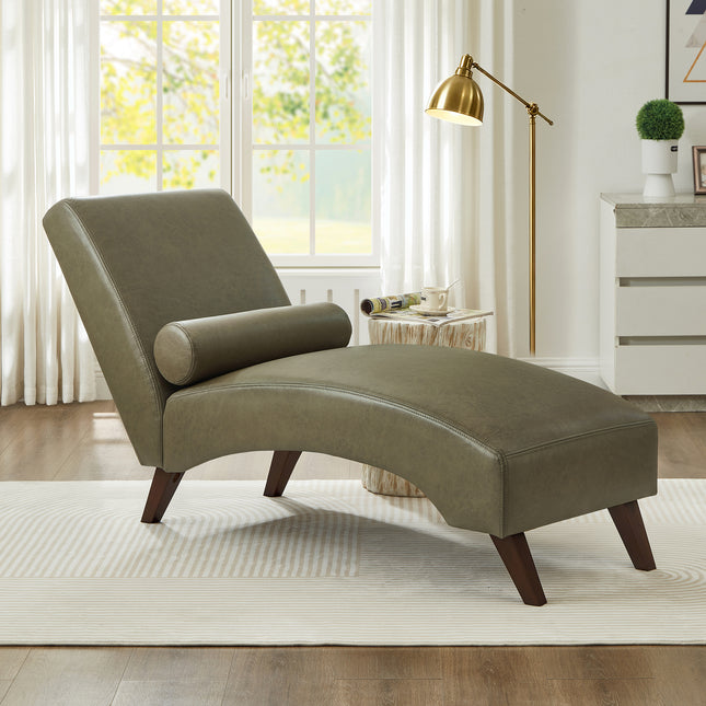 Chaise Lounge Chair with Bolster Pillow, Upholstered in Premium Tech Fabric – Mid-Century Modern Curved Lounger for Living Room, Bedroom & Reading Nook, 400 lbs Capacity,  Olive Green