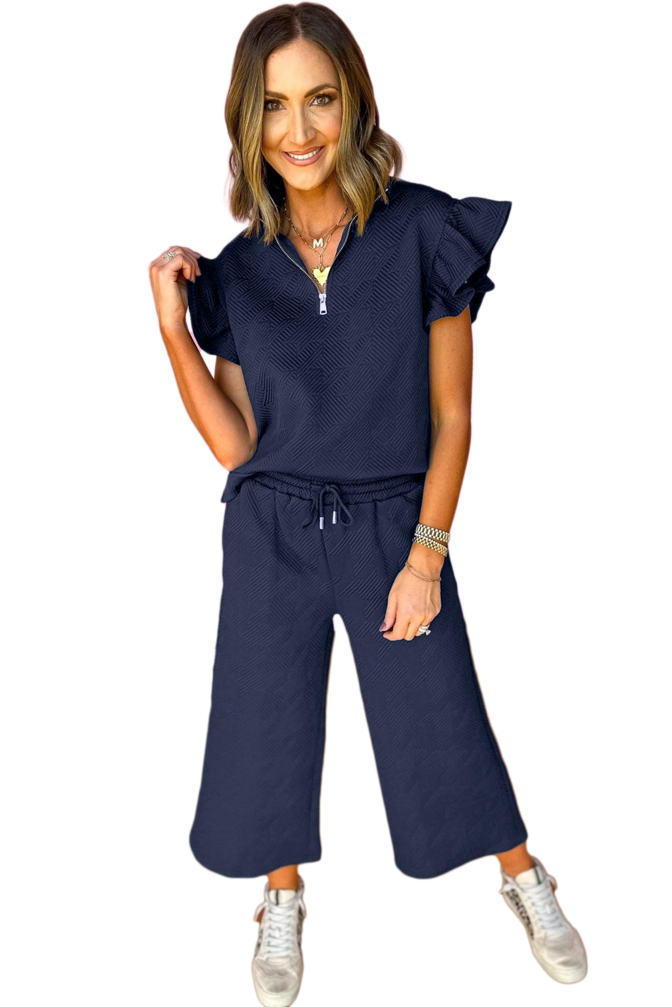 Navy Blue Textured Ruffle Cap Sleeve Top And Wide Leg Pants Set - Eloy Royal