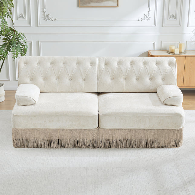 Soft Velvet Fabric Chesterfield Style Sofa,Button Tufted Design,Floor-grazing Tassel Fringe Skirt,Easy to Assemble,Free Combination,For Living Rooms Rest Areas Bedroom,Beige