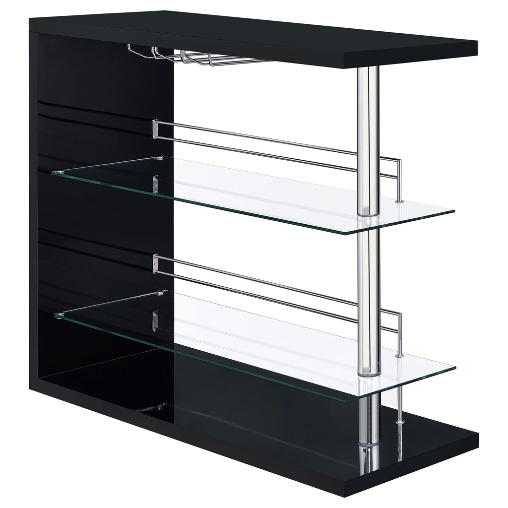 Gilbert Black High Gloss Bar Shelf with Tempered Glass Shelves and Chrome Accents in Modern Design