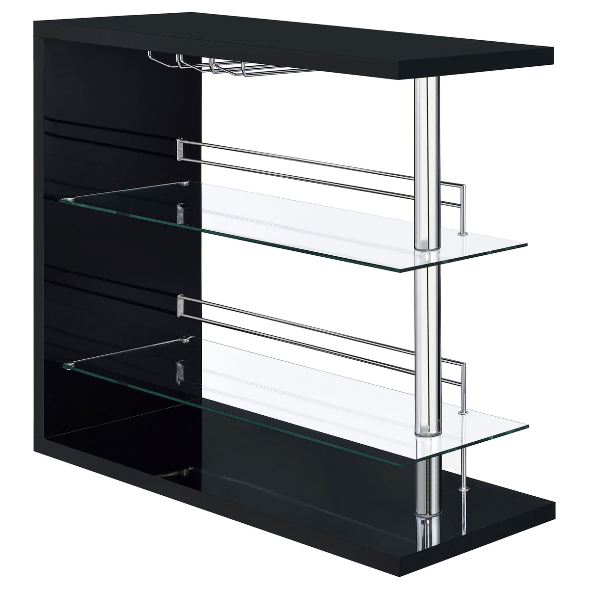 Gilbert Black High Gloss Bar Shelf with Tempered Glass Shelves and Chrome Accents in Modern Design