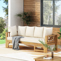 Outdoor Extendable Acacia Wood 3 Seater Sofa, Upholstered Cushion Couch, Daybed Sofa Chair, Spacious Seating Lounge Chair, Patio Daybed Sofa for Garden Yard