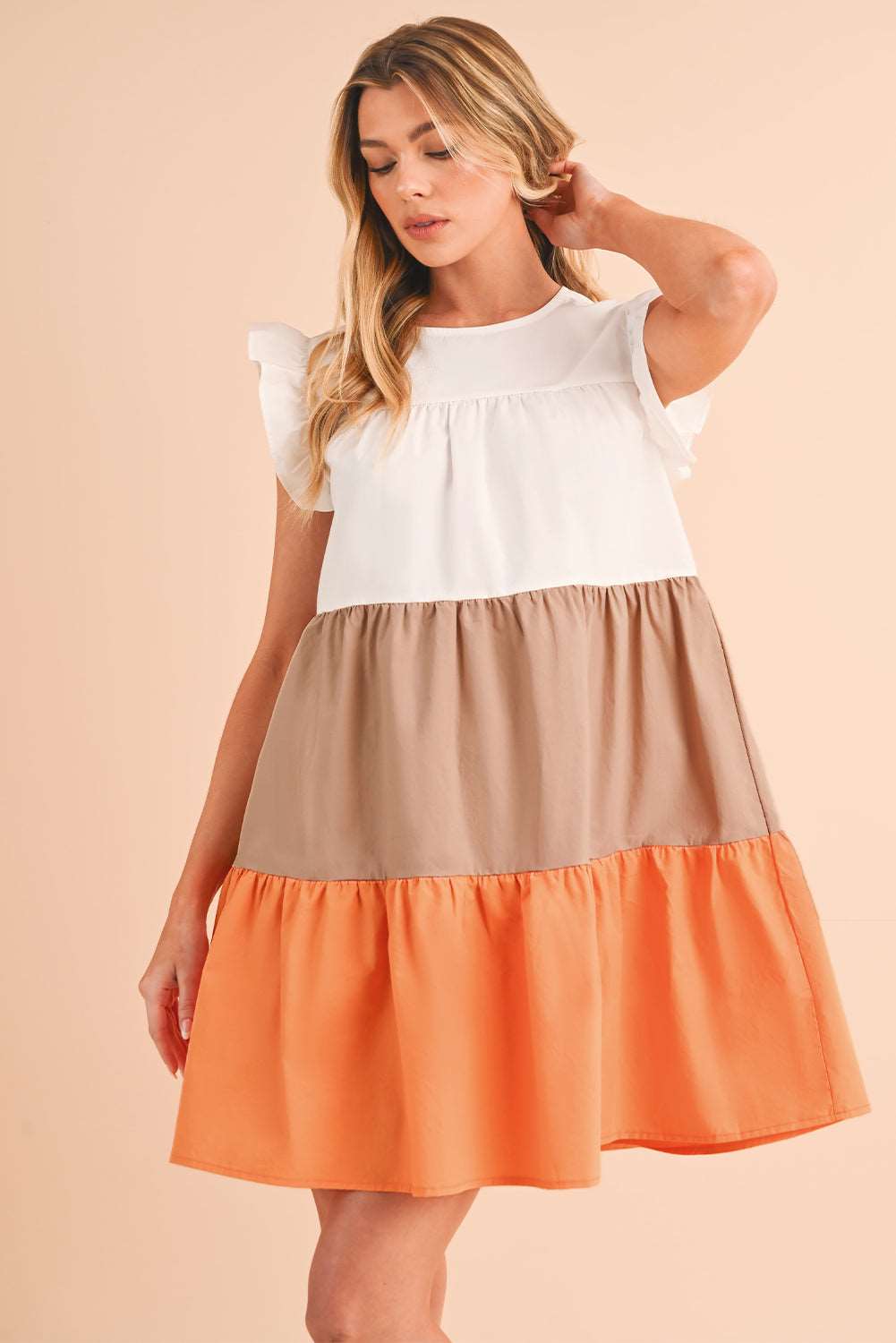 Apricot Ruffle Color Block Tiered Mini Dress