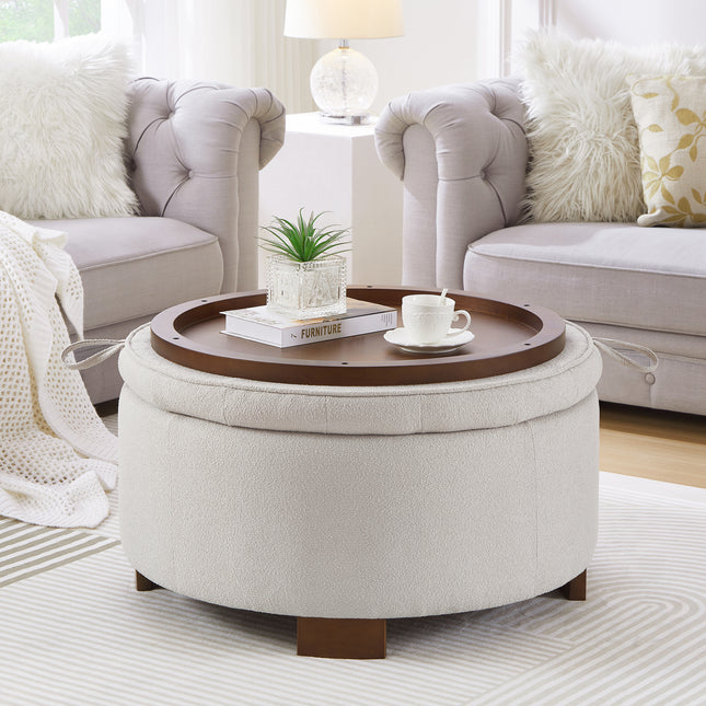 Round Storage Ottoman with Reversible Lid - Boucle Fabric Upholstered Footstool, Hidden Storage Compartment, Wooden Legs, Dual-Purpose Seat & Side Table for Living Room, Bedroom - BEIGE