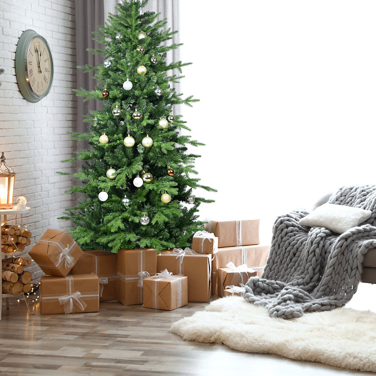 7.5FT Green PVC+PE Christmas Tree with 2856 Tips – Full & Lush Hinged Tree with Metal Stand, Easy Assembly, Realistic Mixed Needle Design