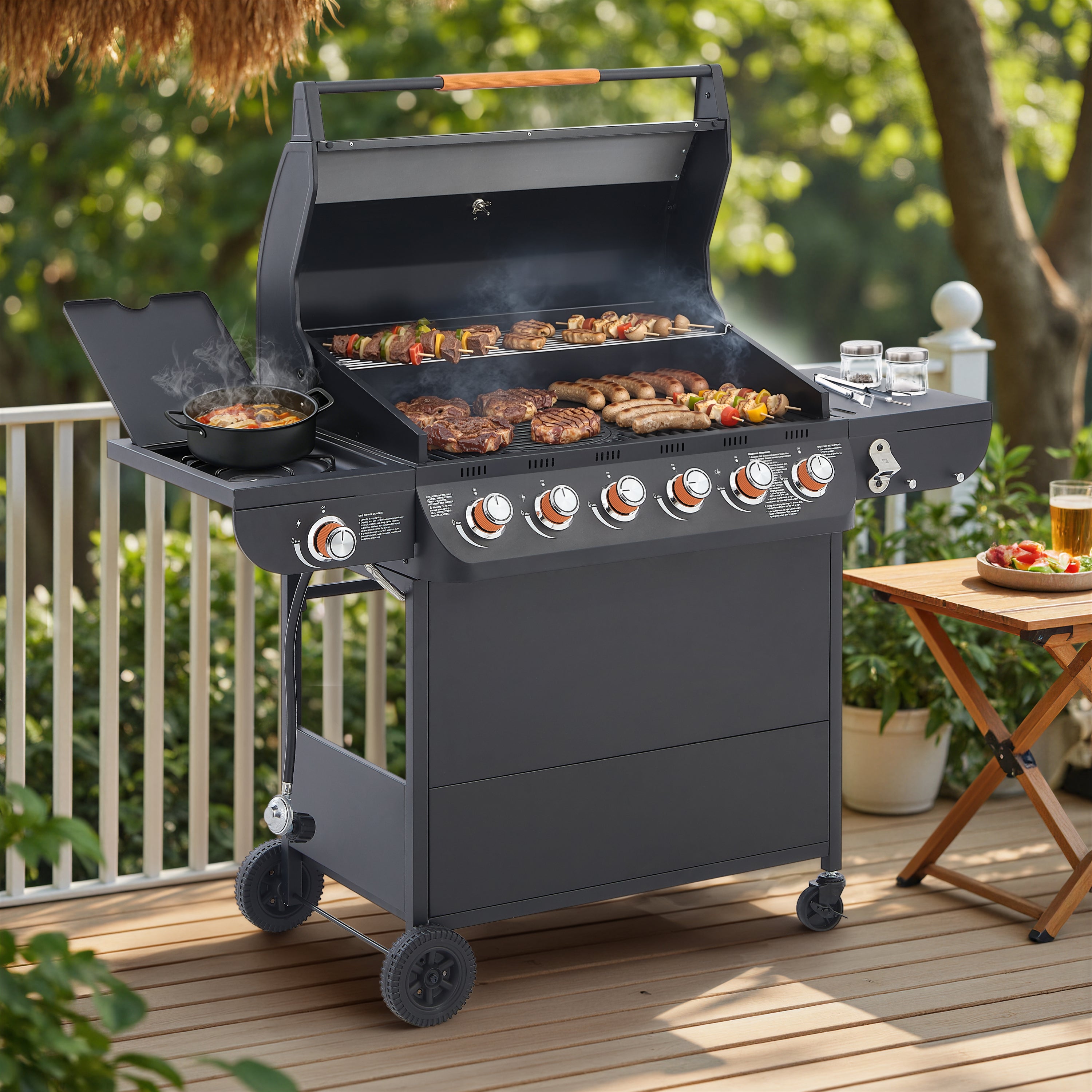 6 Burner BBQ Propane Gas Grill with Side Burner 72000 BTU Output Stainless Steel Barbecue Grill with Cast Iron Grates and Side Tables for Outdoor Cooking Kitchen and Patio Backyard.