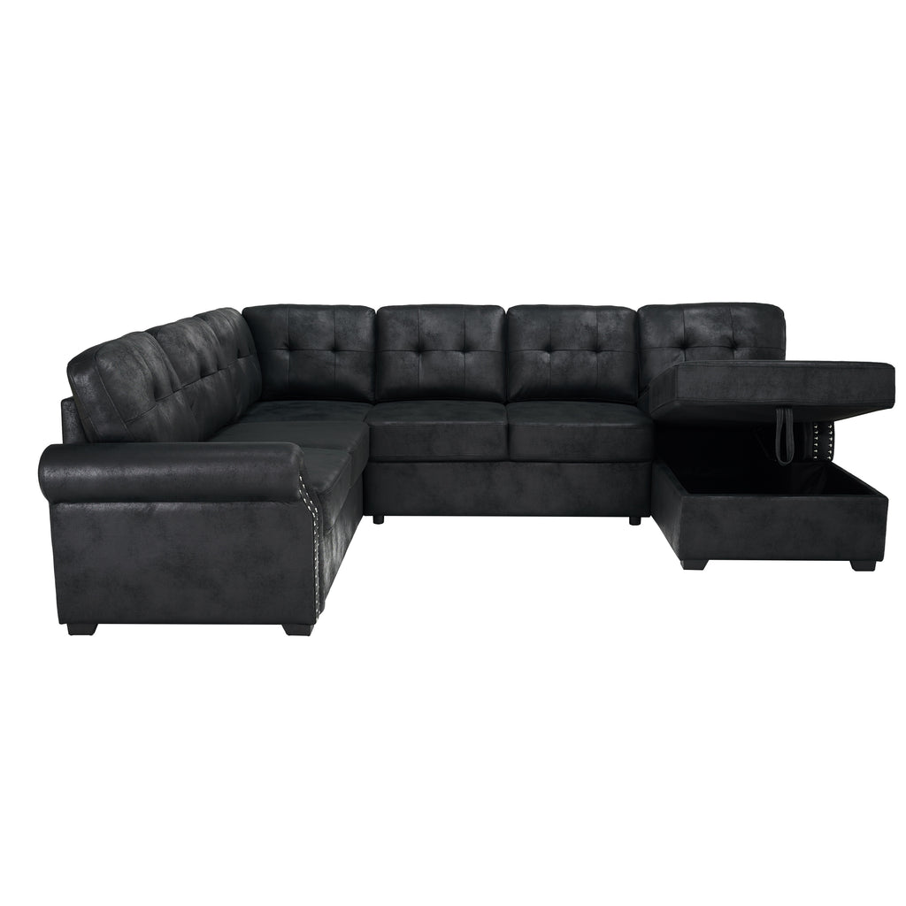 Modern Black Faux Leather U-Shape Sectional Sleeper Sofa with Pull-Out Bed and Storage Chaise