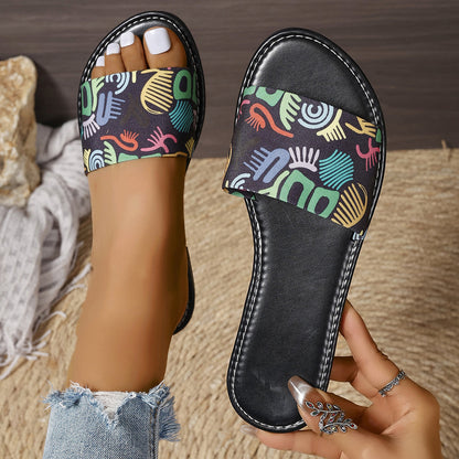 New Fashion Graffiti Print Sandals For Women Summer Round Toe Low Heel Flat Slippers For Women Slides Casual Beach Shoes - Eloy Royal