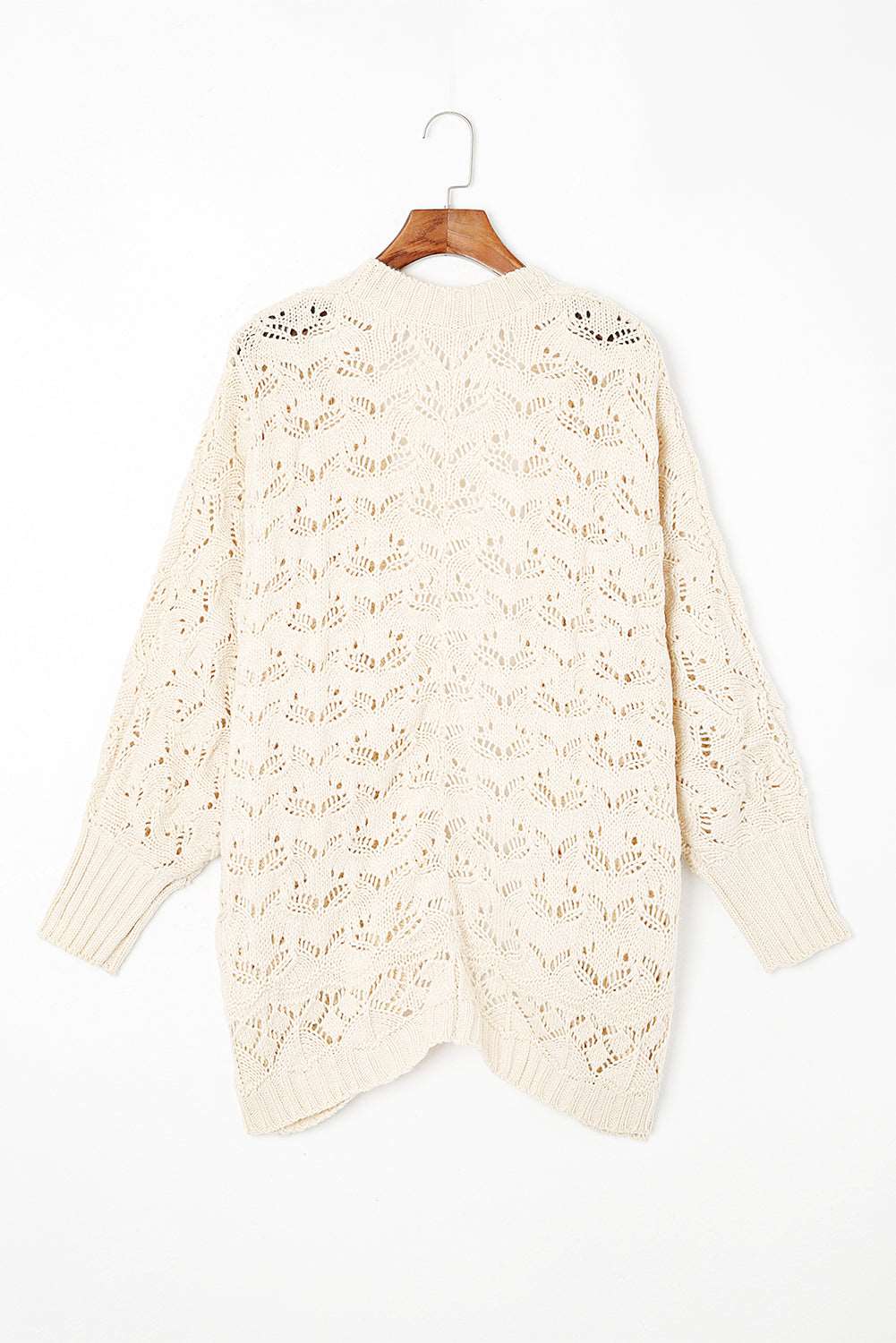 Beige Plus Size Hollowed Open Front Ribbed Trim Cardigan