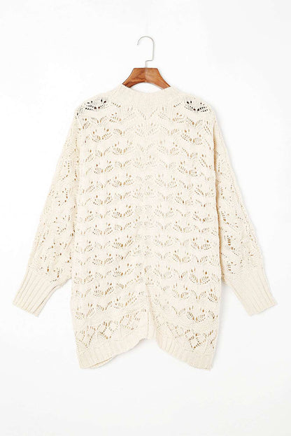 Beige Plus Size Hollowed Open Front Ribbed Trim Cardigan