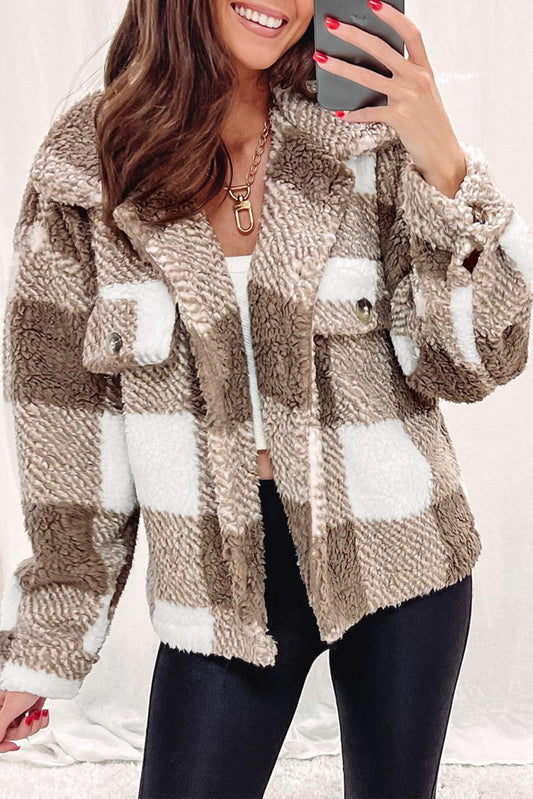 Wholesale Khaki Plaid Buttoned Collared Sherpa Jacket - Eloy Royal