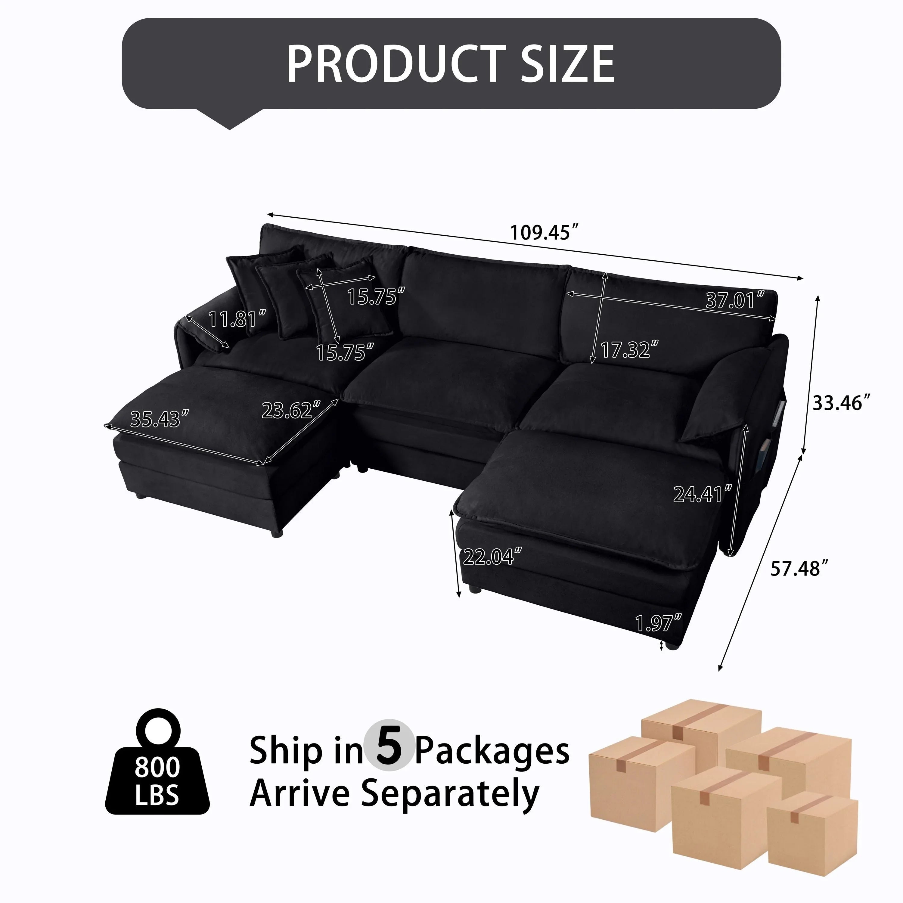 (Old:W3163S00024) Modular Sectional Sofa, Oversized Deep Seat U Shaped Couch Set for Living Room, 3-Seater Comfy Cloud Couches with 2 Movable Ottomans, DIY Combination, Chenille,Black - Eloy Royal