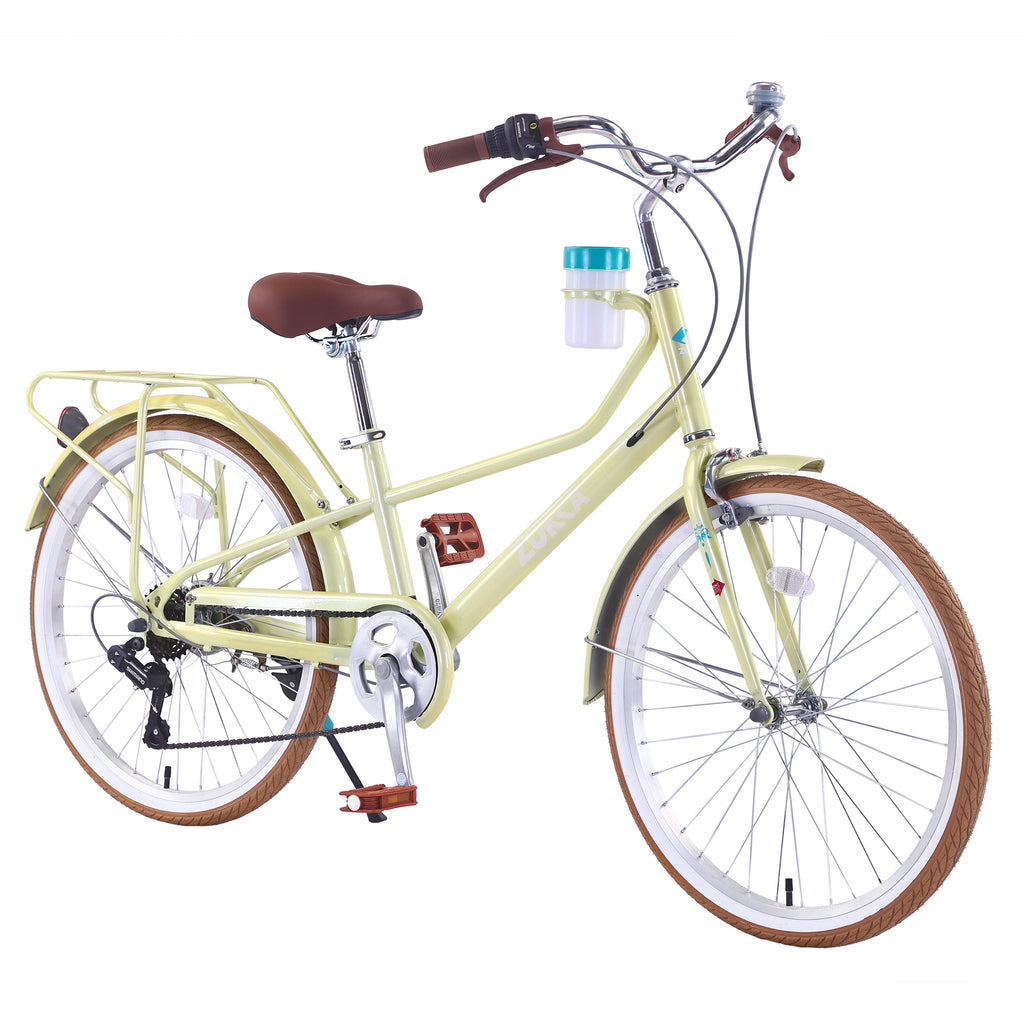Yellow Women's 24 Inch Cruiser Bike with 6-Speed Gear, Step-Through Steel Frame, Rear Rack & Cup Holder, Adult City Commuter Bicycle