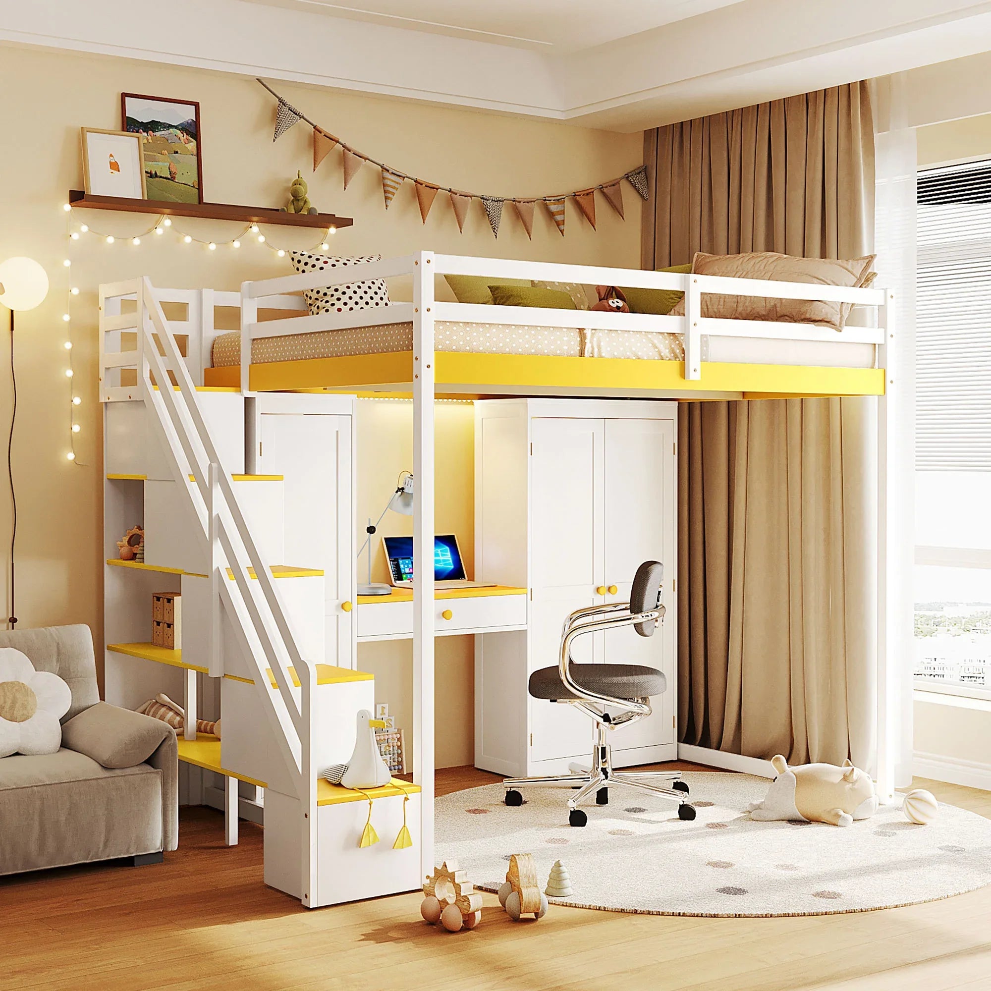 Full Size Loft Bed with Storage Staircase,Built-In Dressing Table with Mirror and Drawer, Wardrobe & Cabinets, USB Charging Ports and Lights, White+Yellow - Eloy Royal