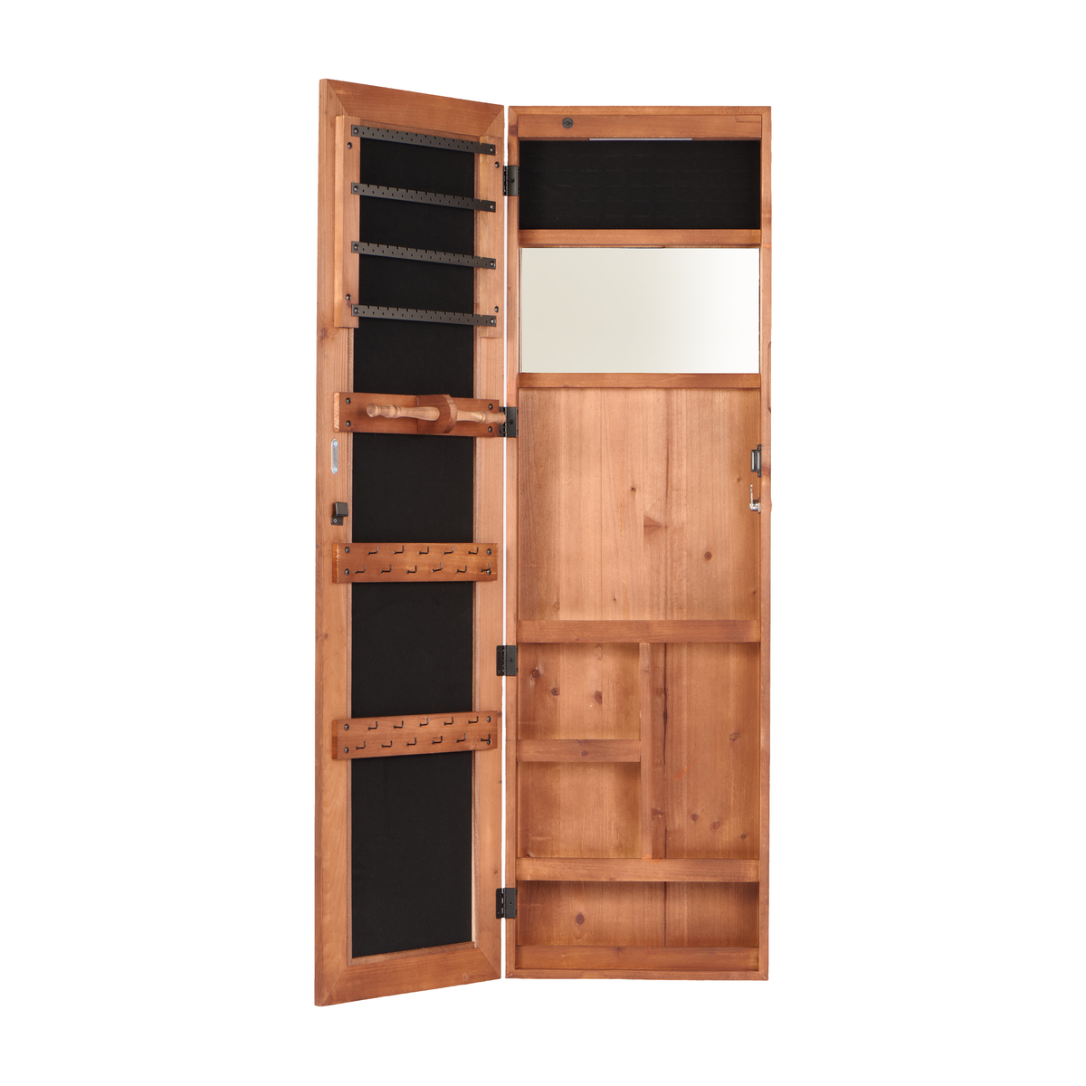 Solid Wood Jewelry Armoire Organizer Cabinet with Full-Length Mirror, Brown, Wall-Mounted Lockable with LED Light, 47.5x14.3 in