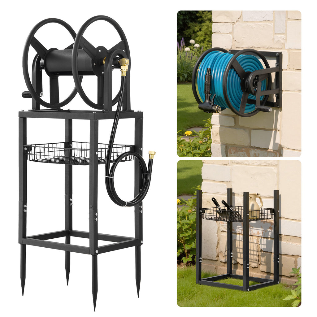 Wall Mounted Garden Hose Reel, Holds 200 Feet of 5/8-inch Hose, Outdoor Heavy-Duty Waterhose Holder Winder, with Brass Connector, Decorative Pattern, Bronze Finish, for Backyards and Gardens