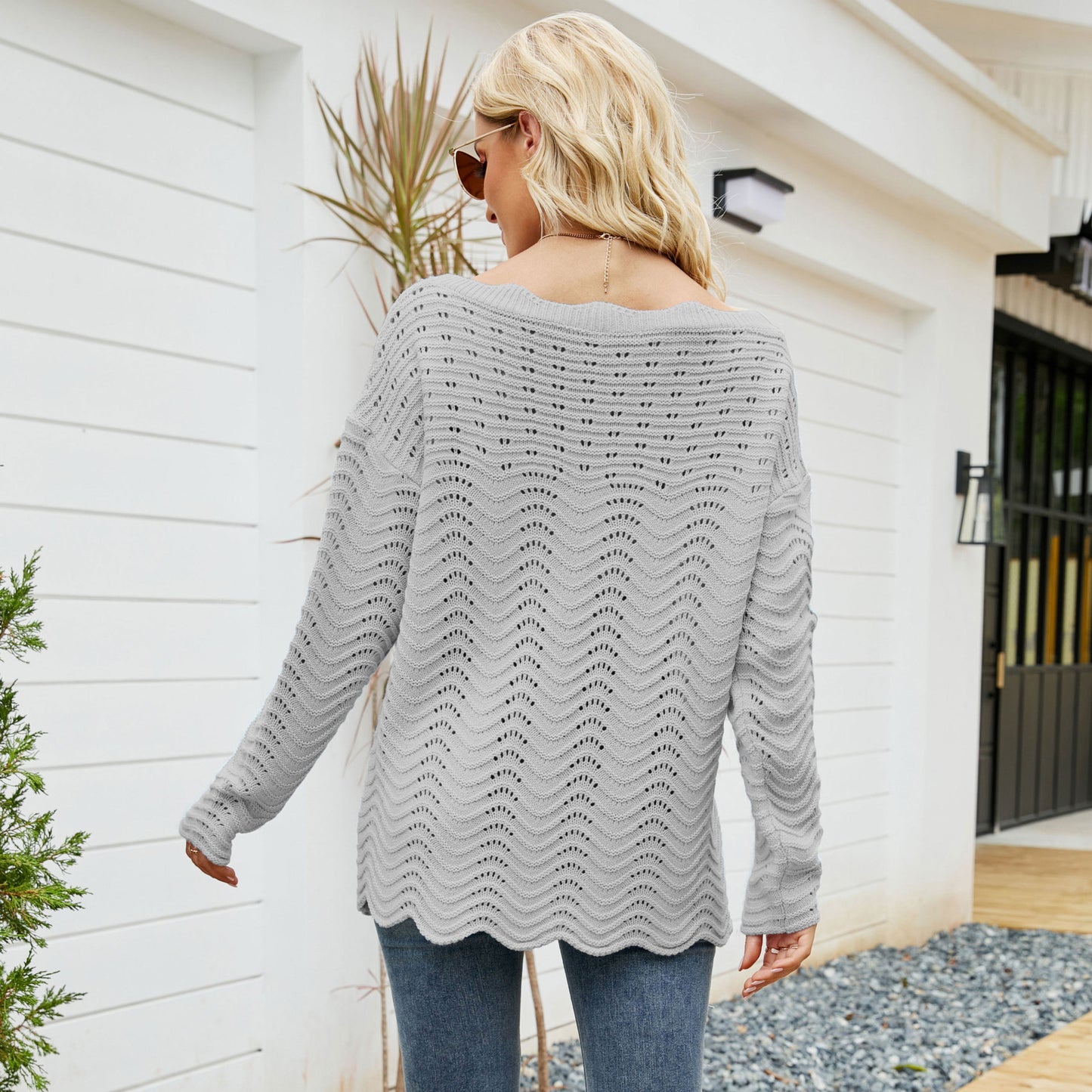 Hollow Pullover Lace Knit Word Neck Off Shoulder Sweater Women