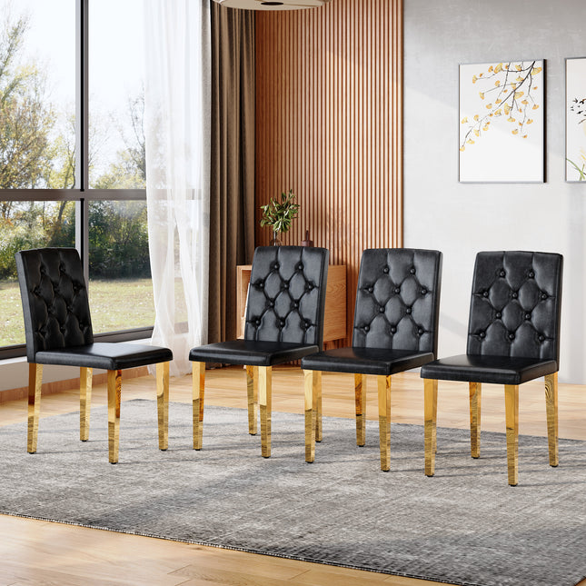 4-pack black PU dining chairs: ergonomic buckle backrest, 35 inches high, golden metal legs,Combines Comfort and Texture.Perfectly suitable for family dining rooms, hotel banquet halls,etc.