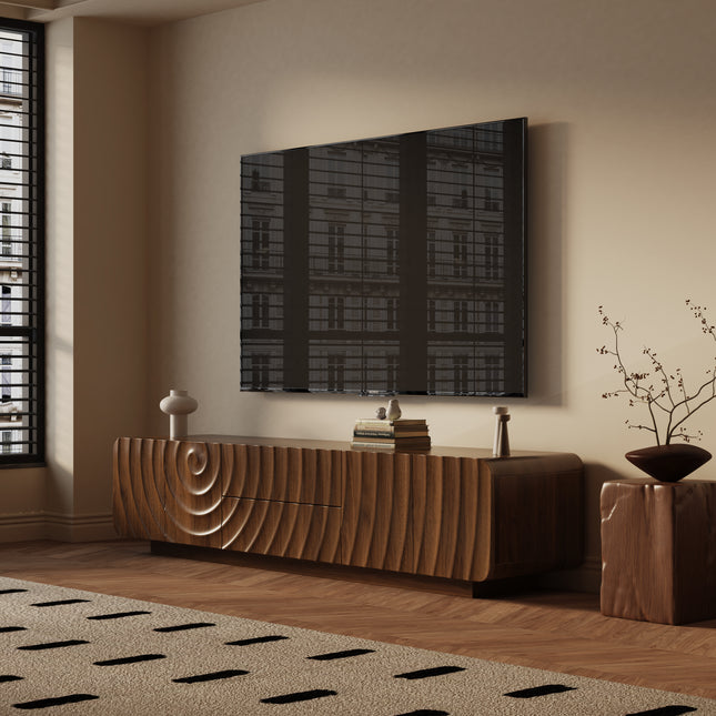 70'' Tv Console With Mid Century Unique Spiral Wave Design With Storage Cabinet And 2 Drawers Tv Stand For Living Room, Bedroom, Walnut