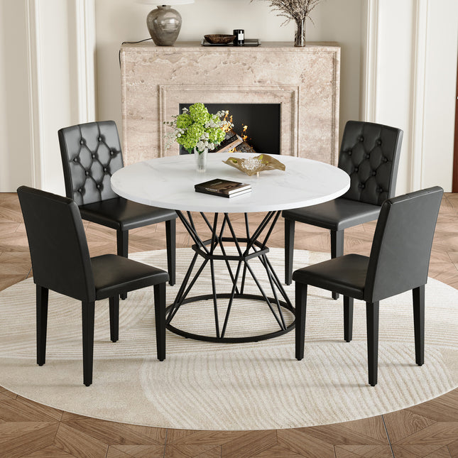 Table and chair set. A circular white MDF dining table with a diameter of 47.3 inches,black hourglass shaped metal brackets.Paired with 4 black PU dining chairs: ergonomic buckle backrest.
