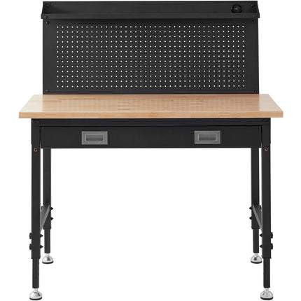 Workbench Adjustable Height 28-39.5' Work Bench For Garage Oak Plank & Carbon Steel Heavy Duty Workbench 2000lbs Weight Capacity Bench top Size 48x24' Hardwood Workbench 3m Cable 30 Hooks