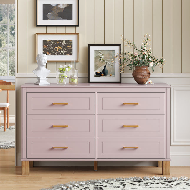 6-Drawer Double Dresser , Modern Storage Cabinet with Metal Handles & Solid Wood Legs, Dresser Drawer Organizer for Kids Bedroom, Heavy-Duty Wooden Dresser with Pre-Installed,Pink