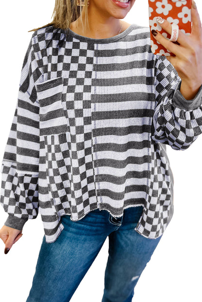 Black Checkered Striped Patchwork Lantern Sleeve Top