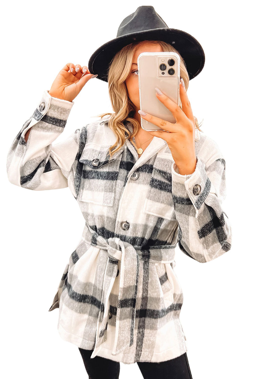 Black Plaid Button-Up Flap Pocket Belted Jacket - Eloy Royal