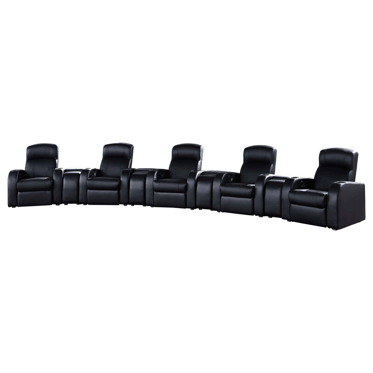 Black 9-Piece Upholstered Home Theater Seating Set with Recliners and Wedge Consoles