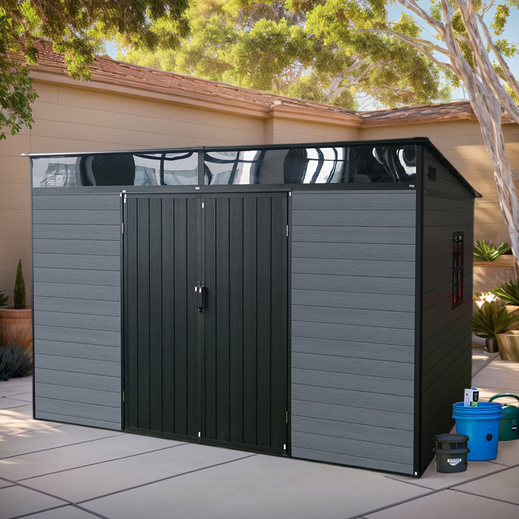 10x7ft Outdoor Resin Garden Shed with Floor and 1 Openable Window, Plastic Patio Outdoor Storage Shed with Lockable Door for Garden Tools, Bicycles, Trash Cans, Grey+Black