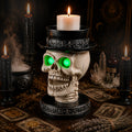 Halloween Skull Candle Holder with Glowing Green Eyes, Gothic Open Mouth Skeleton Head Statue with Black Top Hat, Spooky Tabletop Decor for Home Party
